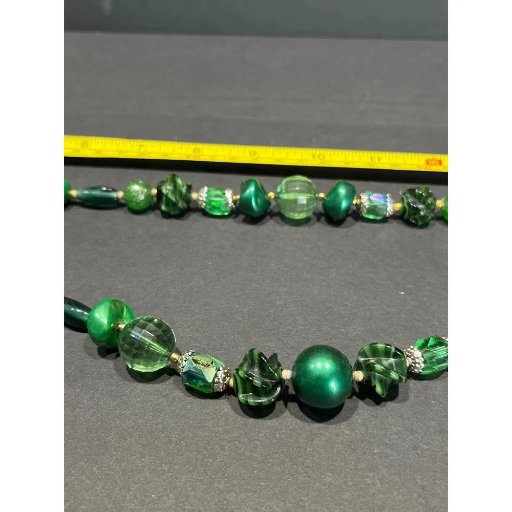 Vintage Green Art Glass Bead Double Strand Necklace & Clip On Earrings Set